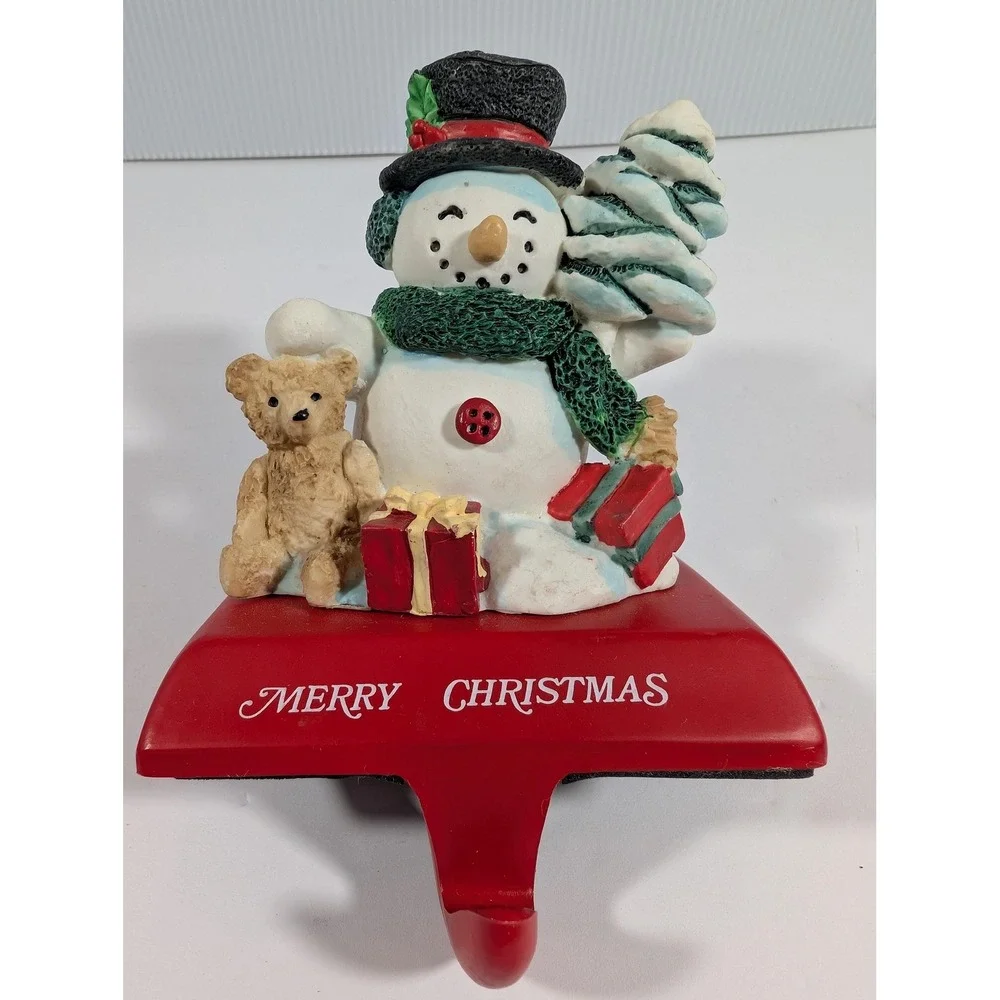 Santas Workbench Snowman Teddy Bear Hand Painted Resin Christmas Stocking Holder